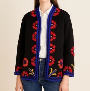Mfa Boston Folk Artisan Embroidered Wool Llama Cardigan Sweater Black Medium